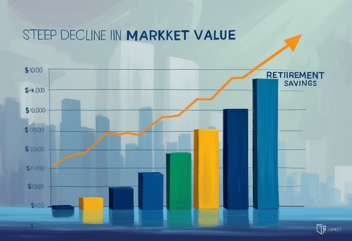 A graph showing a steep decline in market value, with a retirement savings line plummeting alongside