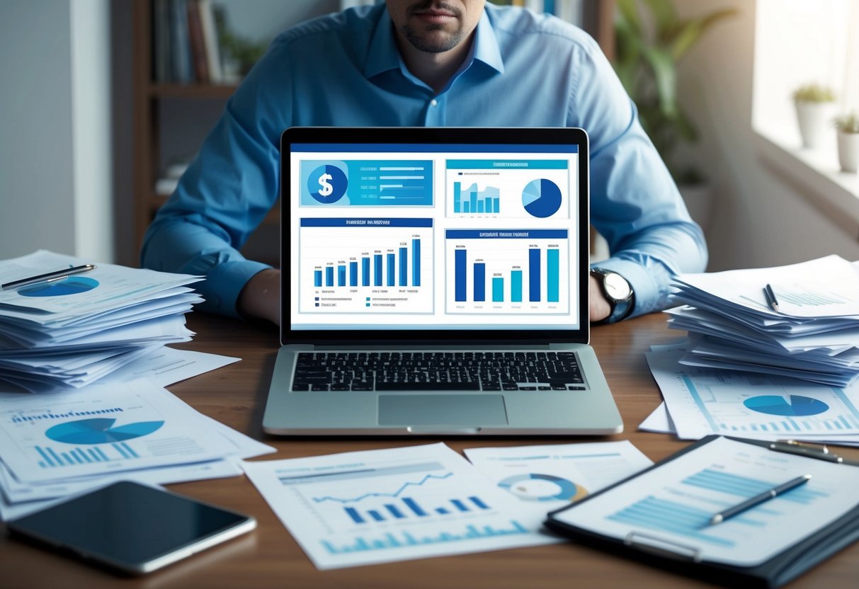 A person sitting at a desk surrounded by paperwork, with a worried expression on their face. An open laptop displaying financial charts and retirement planning information