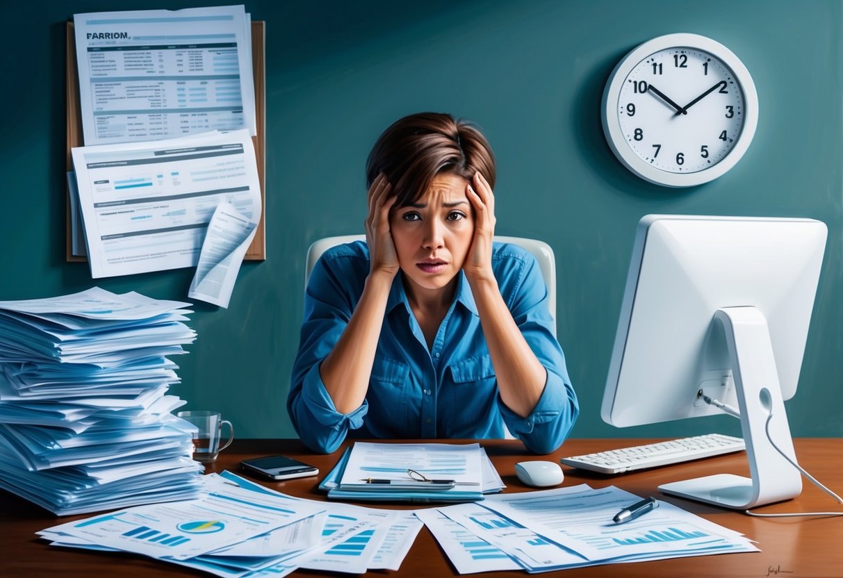 A person sitting at a desk surrounded by financial documents and a computer, looking stressed and overwhelmed. A clock on the wall shows the passing time