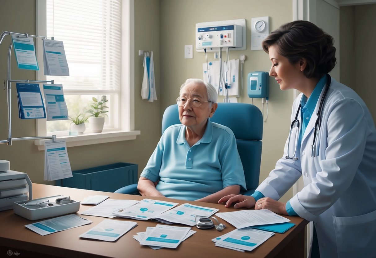 A serene elderly person sitting in a doctor's office, surrounded by pamphlets and medical equipment, while a caring healthcare professional listens attentively