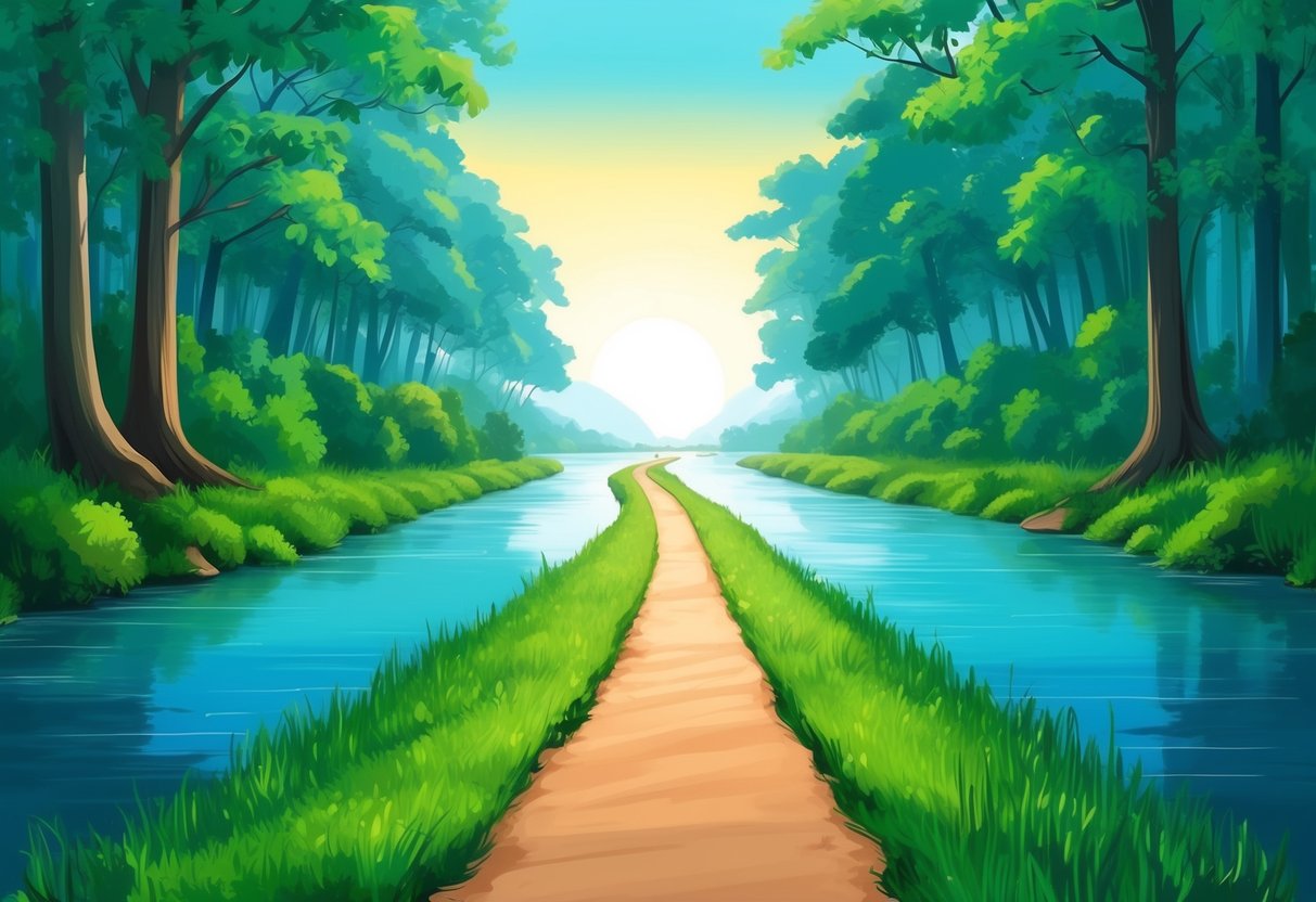 A tranquil river flowing through a lush forest, with a clear path leading towards a bright horizon, symbolizing financial security and peace of mind in retirement
