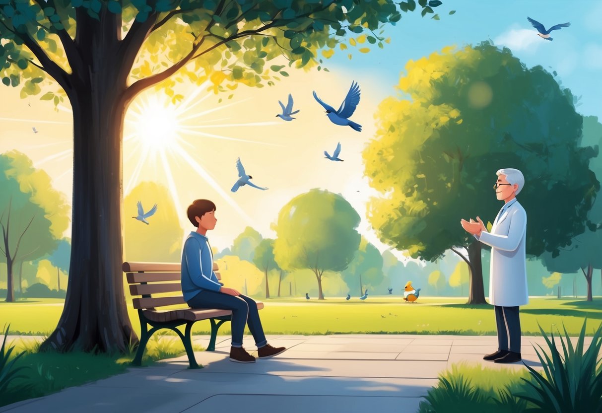 A serene, sunny park with a bench under a tall tree. A person sits peacefully, surrounded by birds and nature, while a supportive figure offers guidance and reassurance