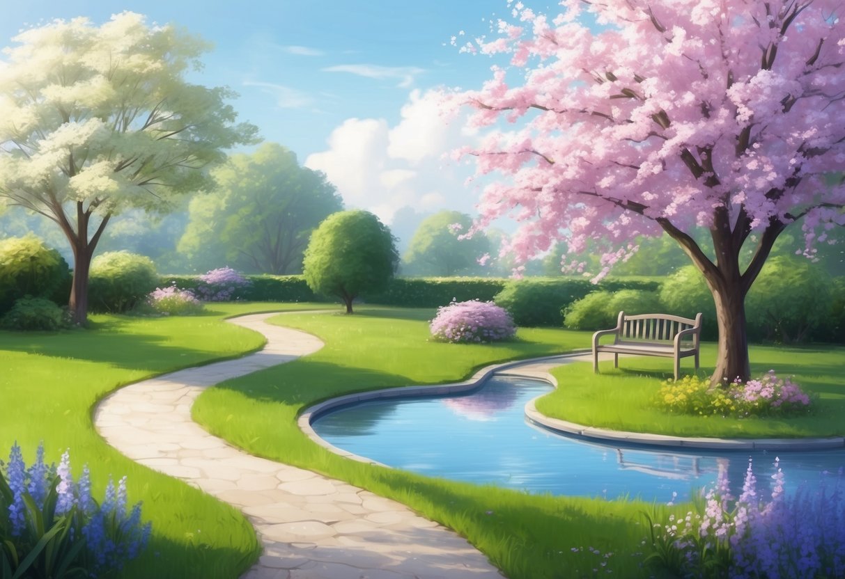 A serene garden with a winding path, a peaceful pond, and a bench under a blossoming tree
