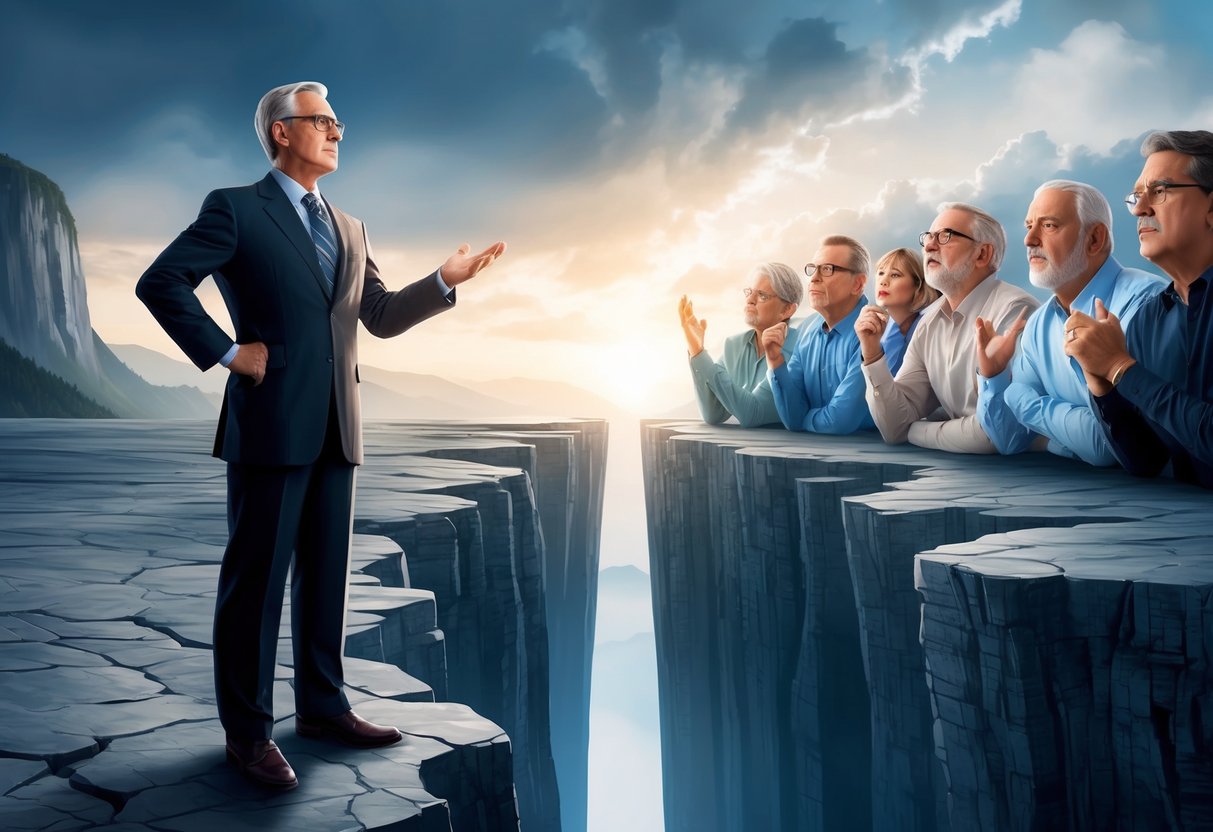 A traditional financial advisor stands on one side of a deep chasm, while clients over 40 are on the other side, looking frustrated and uncertain
