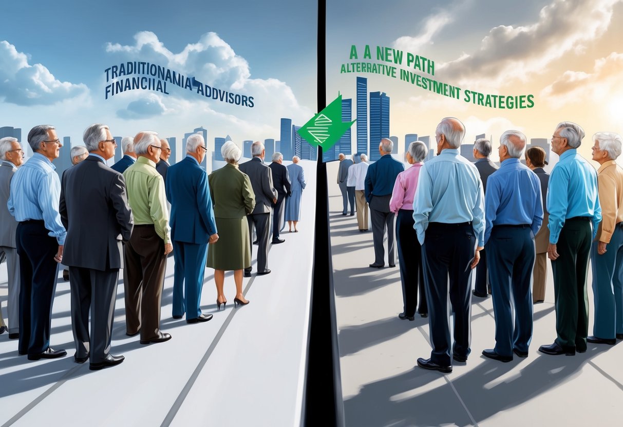 A group of older individuals stands on one side of a divide, looking at traditional financial advisors. On the other side, a new path of alternative investment strategies beckons them forward