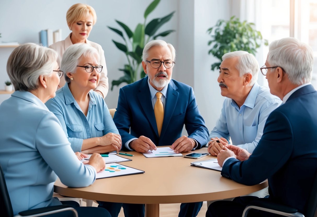 A group of older adults sitting at a table with a traditional financial advisor, looking frustrated as the advisor fails to address their specific needs and concerns