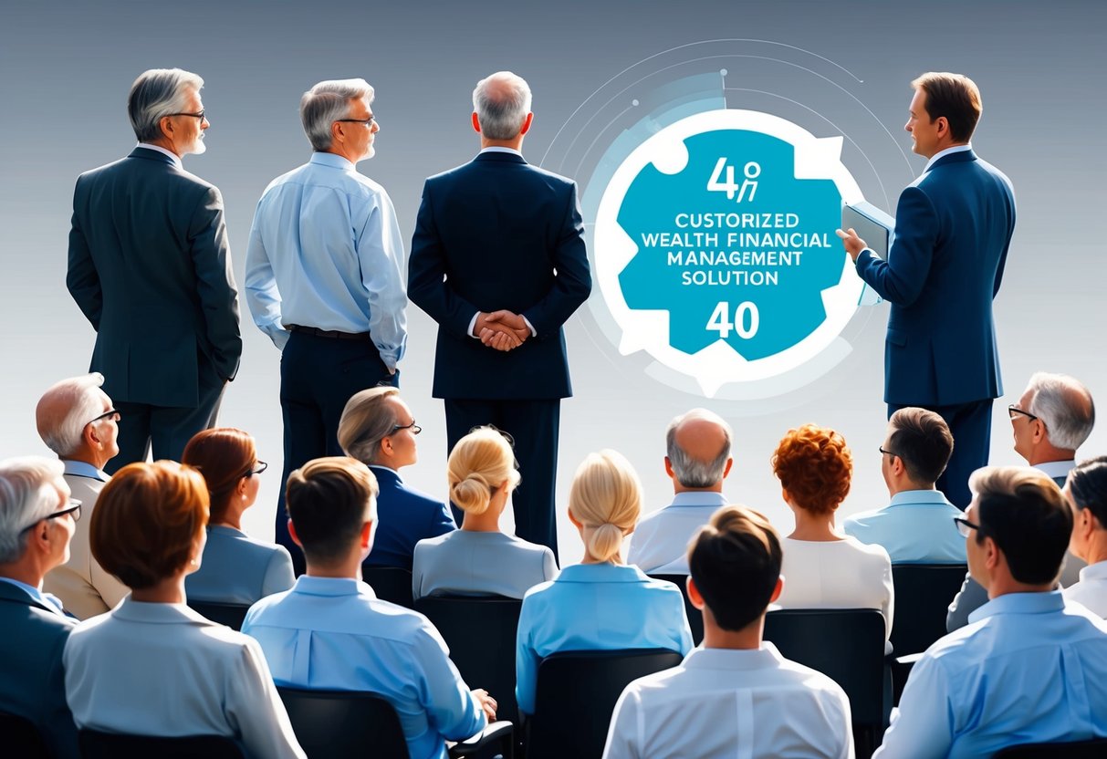 A group of traditional financial advisors overlook a group of clients over 40, while a customized wealth management solution stands out in the background