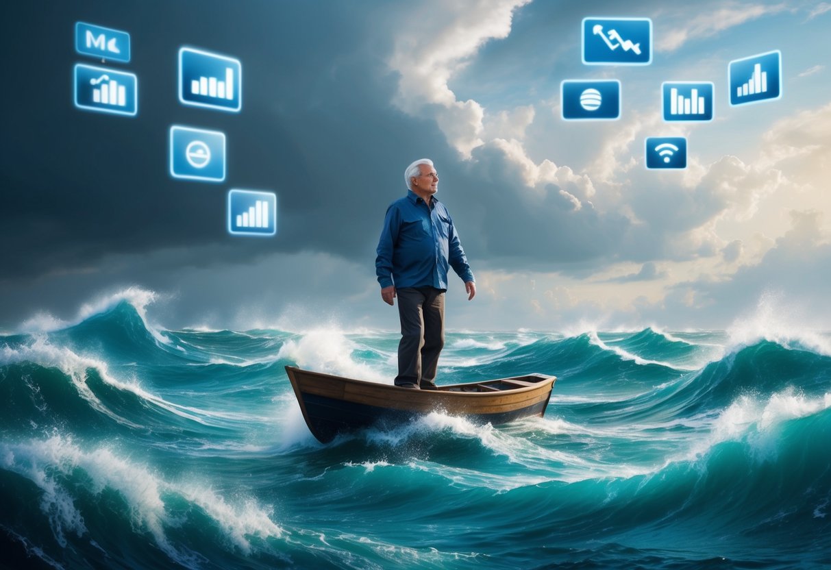 A middle-aged person stands in a stormy sea, balancing on a small boat while surrounded by turbulent waves and changing market symbols in the sky