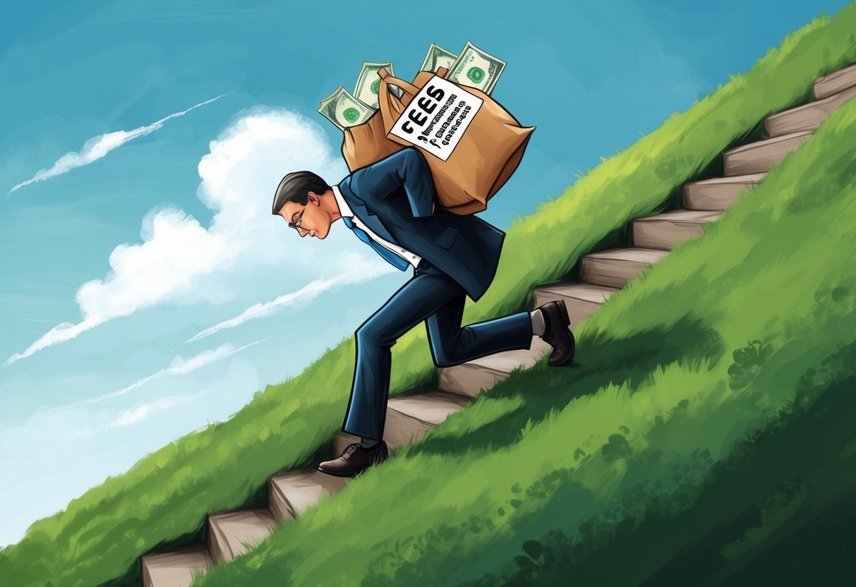 A traditional financial advisor struggling to climb a steep hill while carrying heavy bags labeled "fees" and "performance metrics"