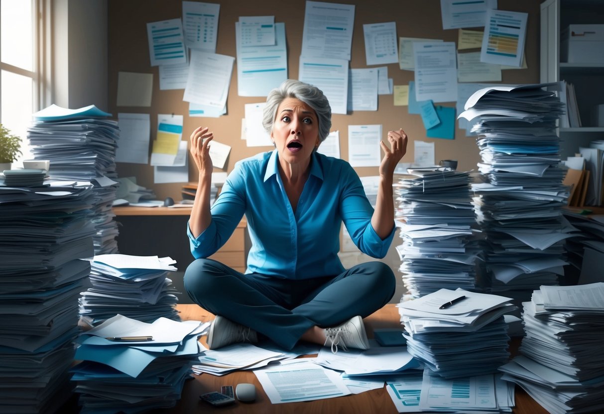 A middle-aged person sitting in a cluttered office, surrounded by stacks of paperwork and financial documents. They appear frustrated and overwhelmed while trying to make sense of their financial situation