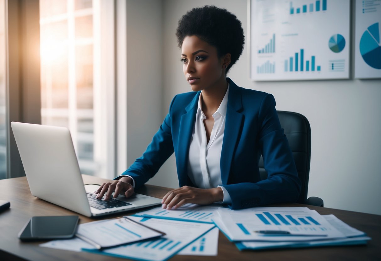 A person sitting at a desk, surrounded by financial documents and a laptop. They appear determined and focused, with a sense of purpose and motivation
