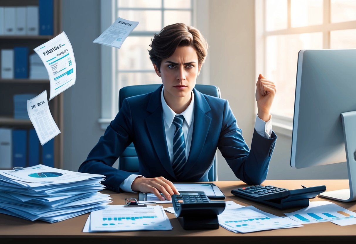 A person sitting at a desk surrounded by financial documents, a calculator, and a computer, with a determined expression on their face