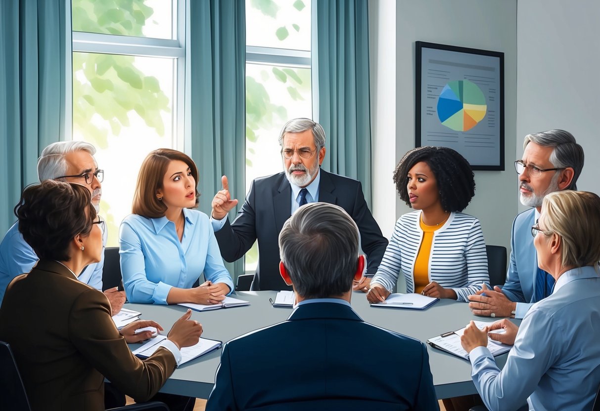 A group of middle-aged individuals sitting around a table, looking frustrated while traditional financial advisors lecture them with outdated strategies