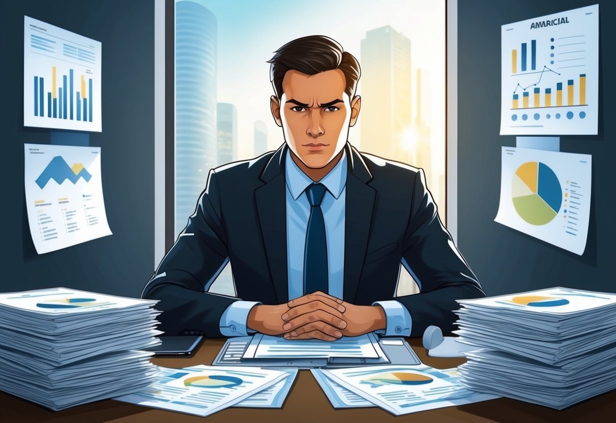 A person sitting at a desk surrounded by financial documents and charts, with a determined expression on their face