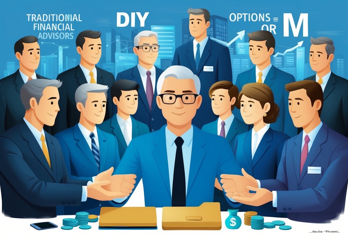 A person over 40 surrounded by traditional financial advisors, while discount brokers and DIY investing options loom in the background