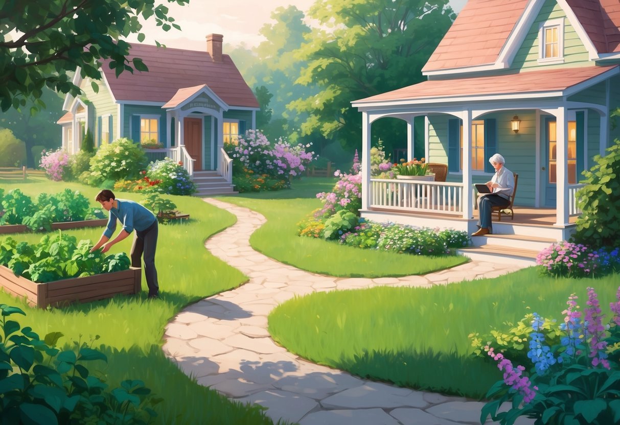 A serene garden with a winding path leading to a cozy home, surrounded by blooming flowers and lush greenery. A person is seen tending to a vegetable garden, while another is sitting on the porch, reading a book and sipping tea