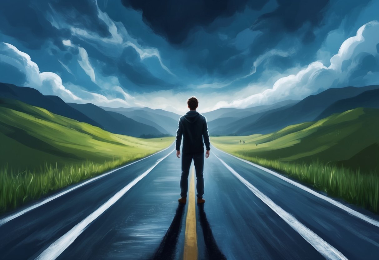 A person standing on a path with a fork in the road, one leading to a dark and uncertain future, the other to a bright and hopeful one