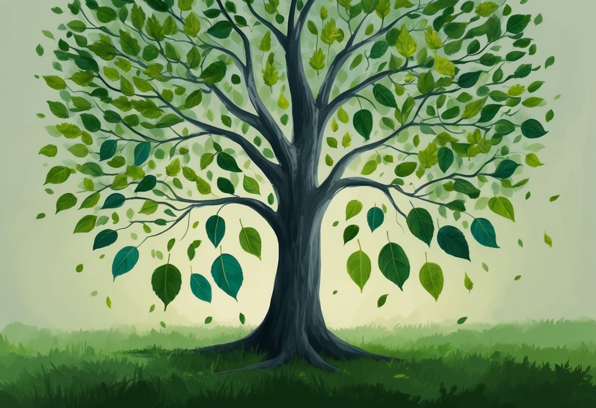 A tree shedding old leaves and sprouting new ones, symbolizing growth and transformation