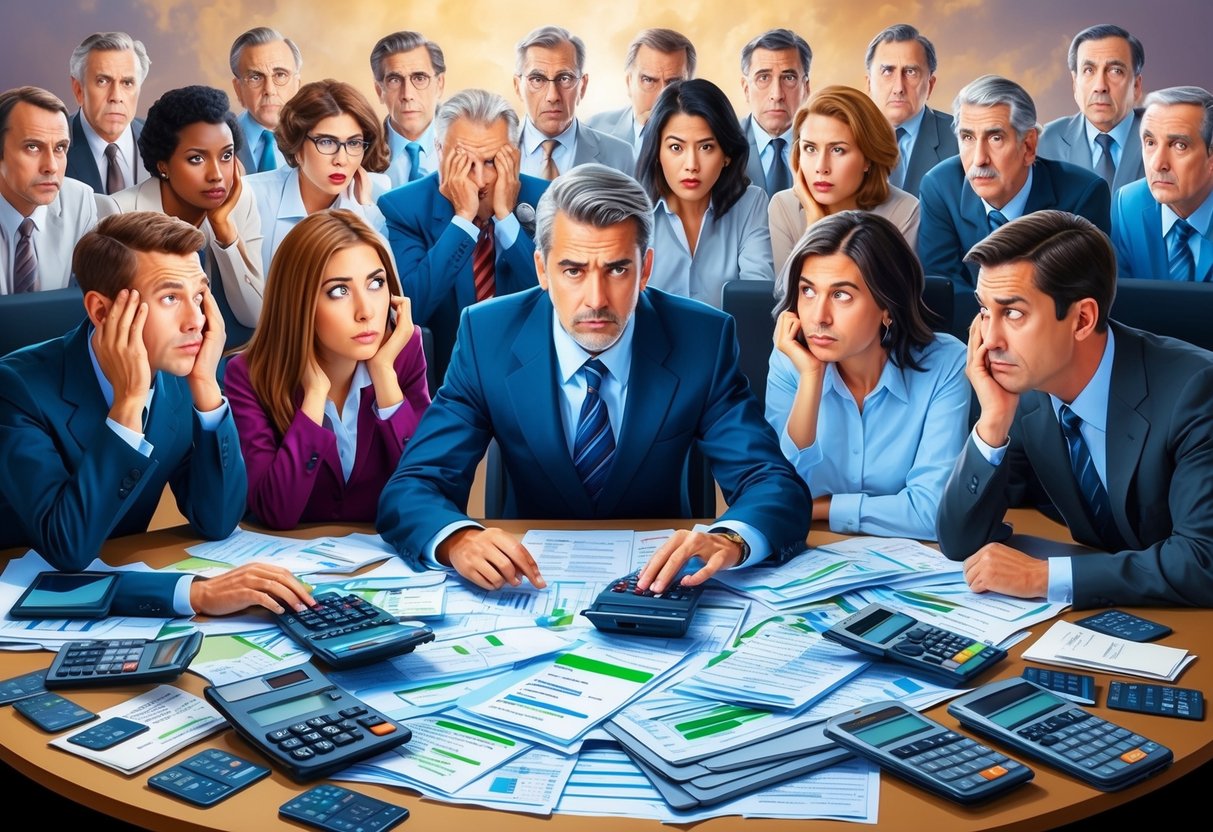A table cluttered with financial documents and calculators, surrounded by worried faces turning into determined expressions