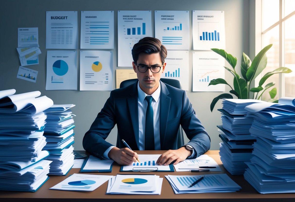 A person sitting at a desk surrounded by financial documents, with a determined expression, creating a budget and investment plan