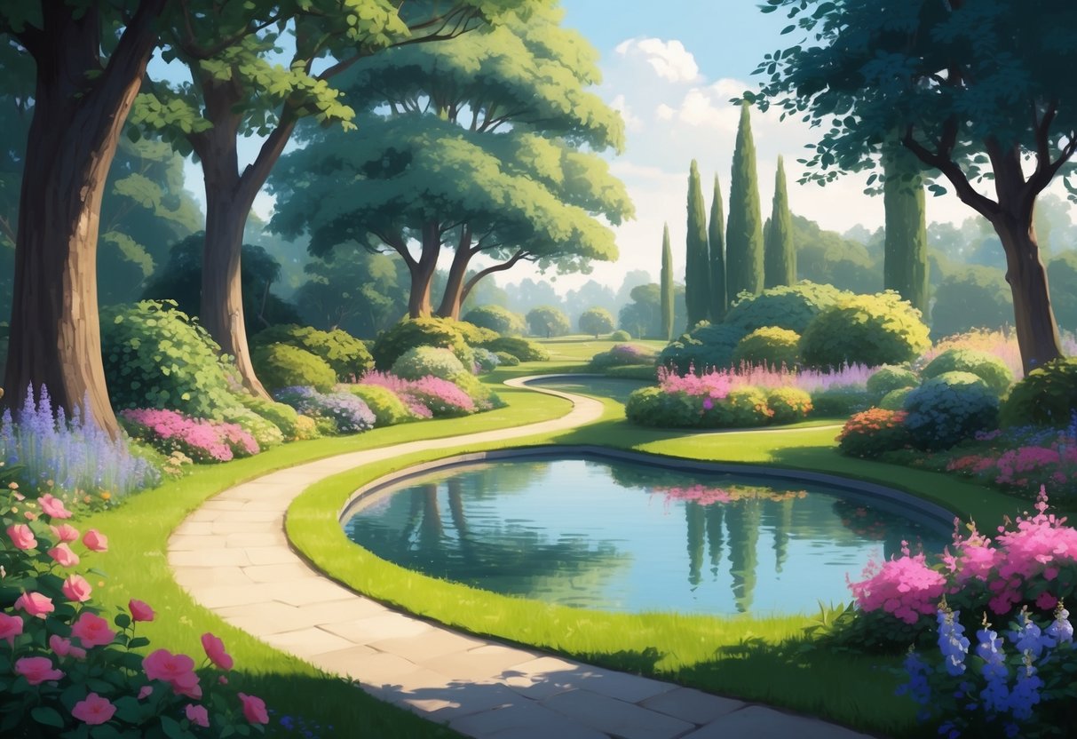 A peaceful garden with a winding path leading to a tranquil pond, surrounded by vibrant flowers and tall trees, evoking a sense of reflection and contemplation