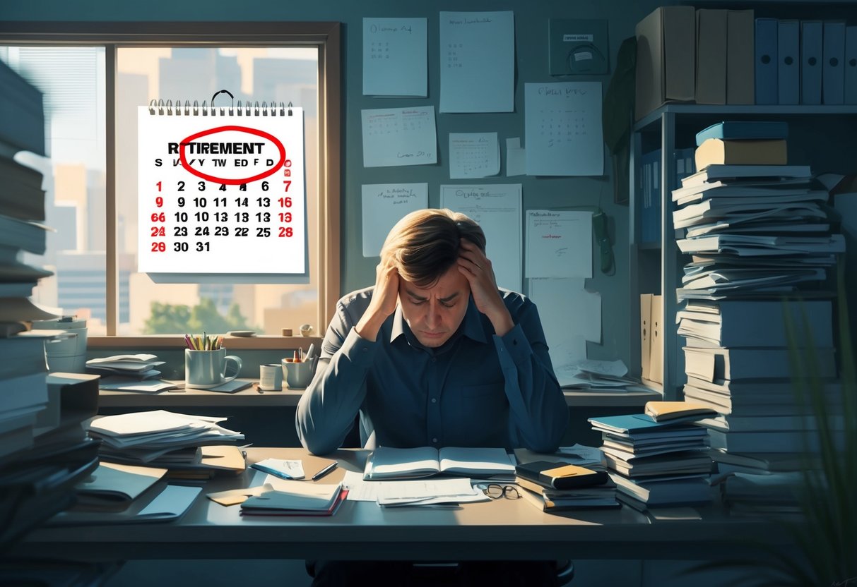 A person sitting alone in a cluttered office, staring at a calendar with a red circle around a retirement date. The person looks stressed and overwhelmed