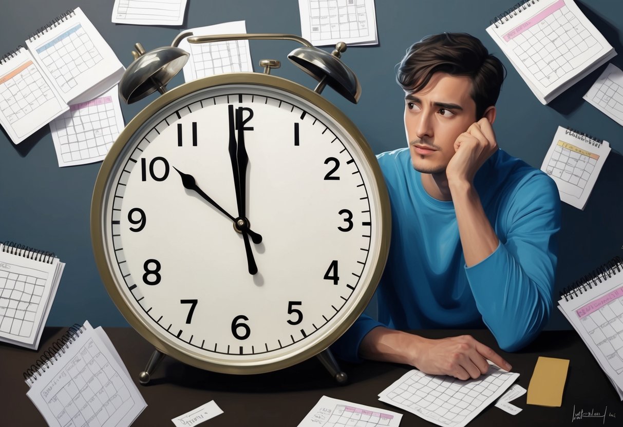 A clock with hands pointing to a later time, surrounded by scattered calendars and a person looking contemplative