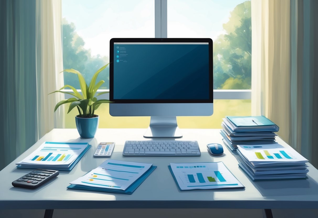 A serene and organized workspace with a desk, computer, and financial planning materials. A sense of confidence and security is conveyed through the imagery