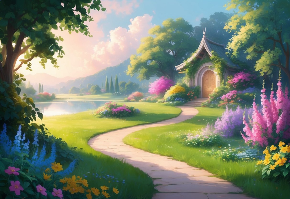 A serene landscape with a winding path leading towards a peaceful garden, surrounded by vibrant flowers and lush greenery, evoking a sense of tranquility and inner peace