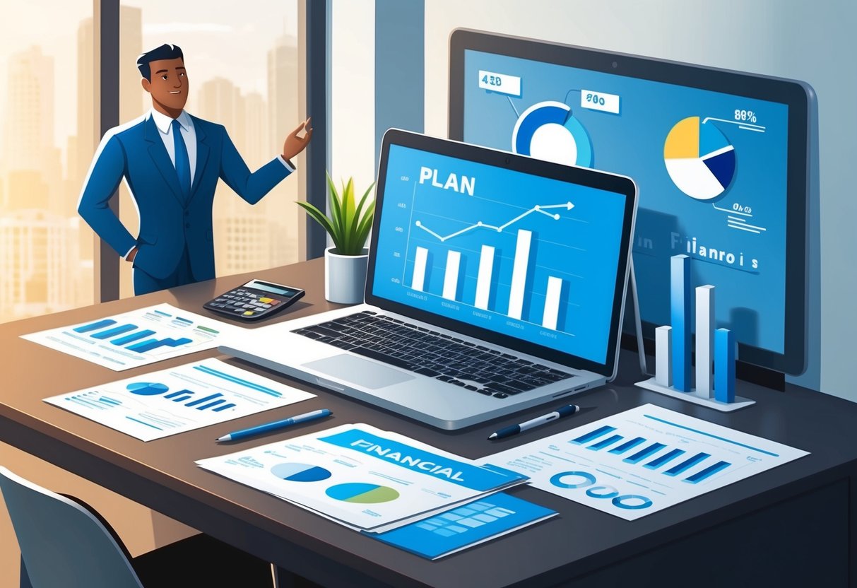 A desk with a laptop, financial documents, and a calculator surrounded by charts and graphs. A confident figure stands beside, looking at the plan