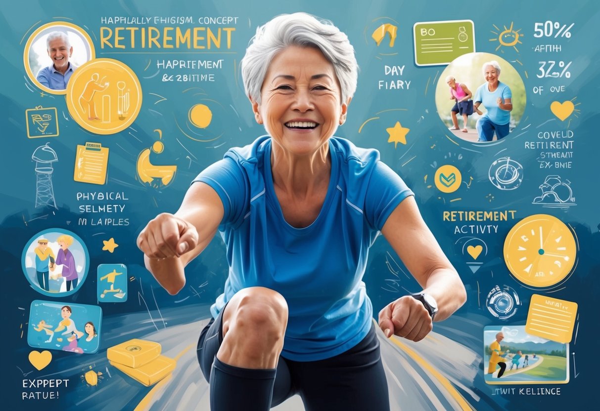 A person happily engaged in physical activity, surrounded by retirement-related imagery and symbols, with a sense of determination and resilience in their expression