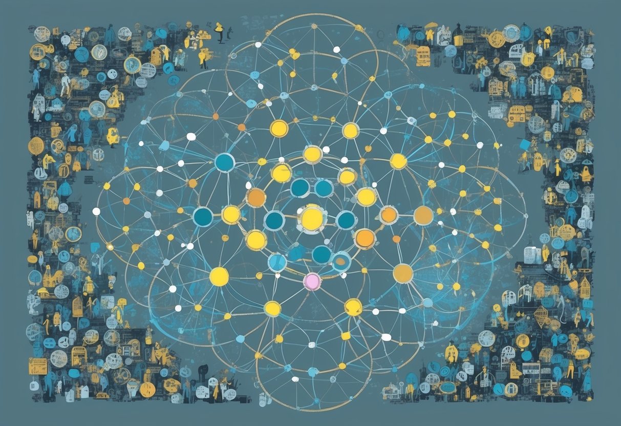 A group of interconnected circles representing social ties, with some fading and others strengthening, surrounded by various coping mechanisms