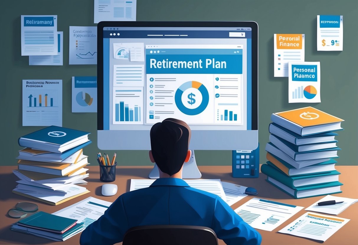 A person sitting at a desk, surrounded by paperwork and financial documents. A computer screen displays a retirement plan. A stack of books on personal finance sits nearby