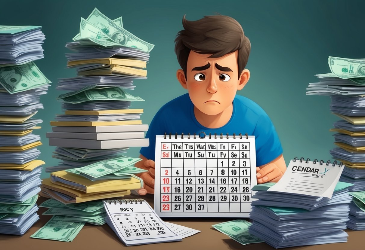 A person staring at a calendar with a worried expression, surrounded by stacks of bills and retirement savings documents