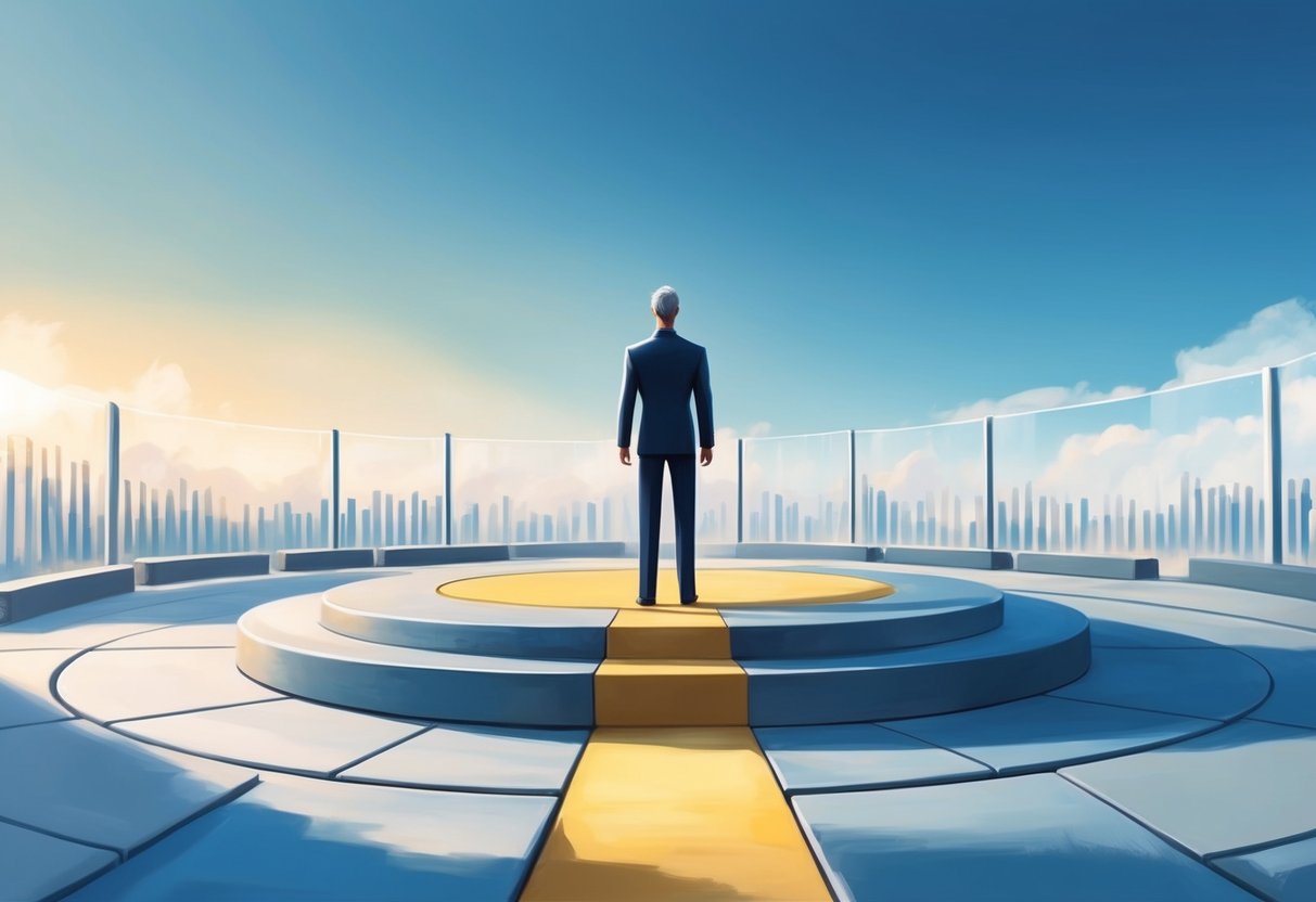 A calm, confident figure stands atop a solid foundation, surrounded by a protective barrier, with a clear path leading towards a bright and secure future