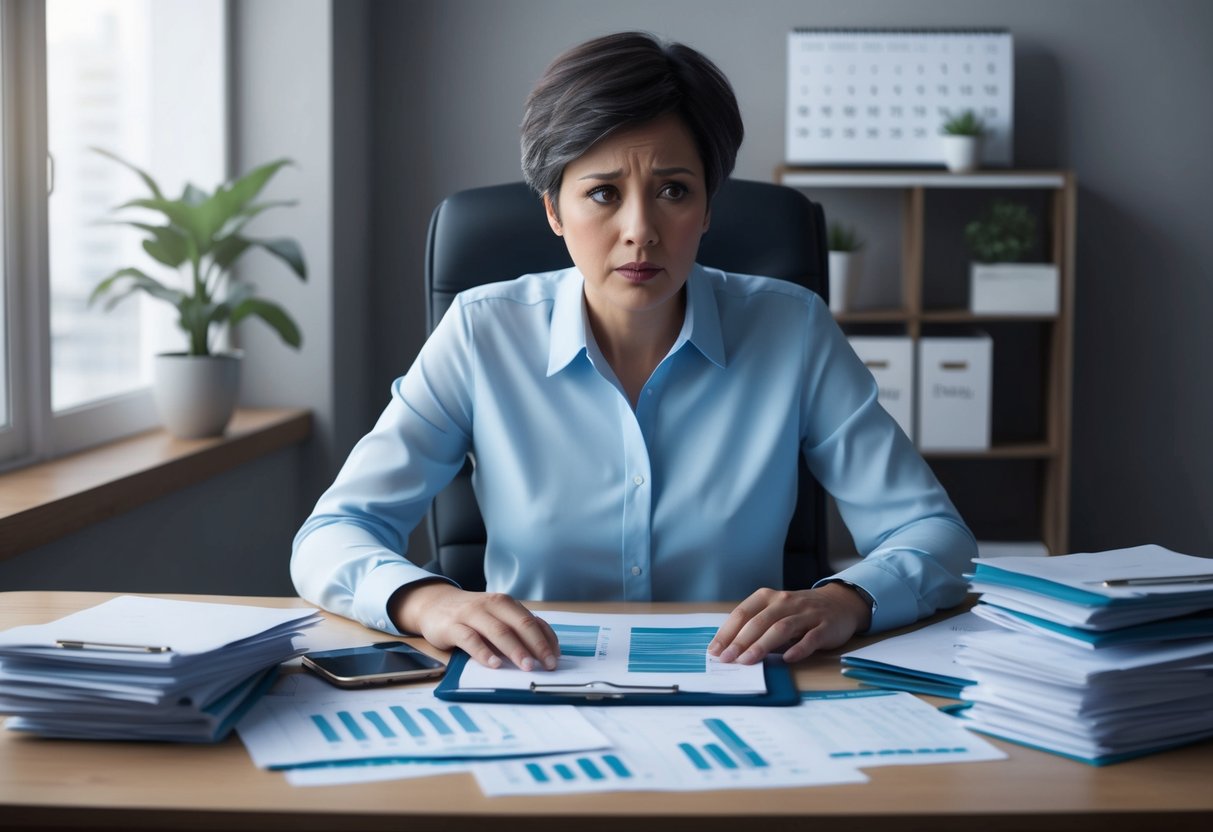 A person sitting at a desk, surrounded by financial documents and a calendar, with a look of concern on their face