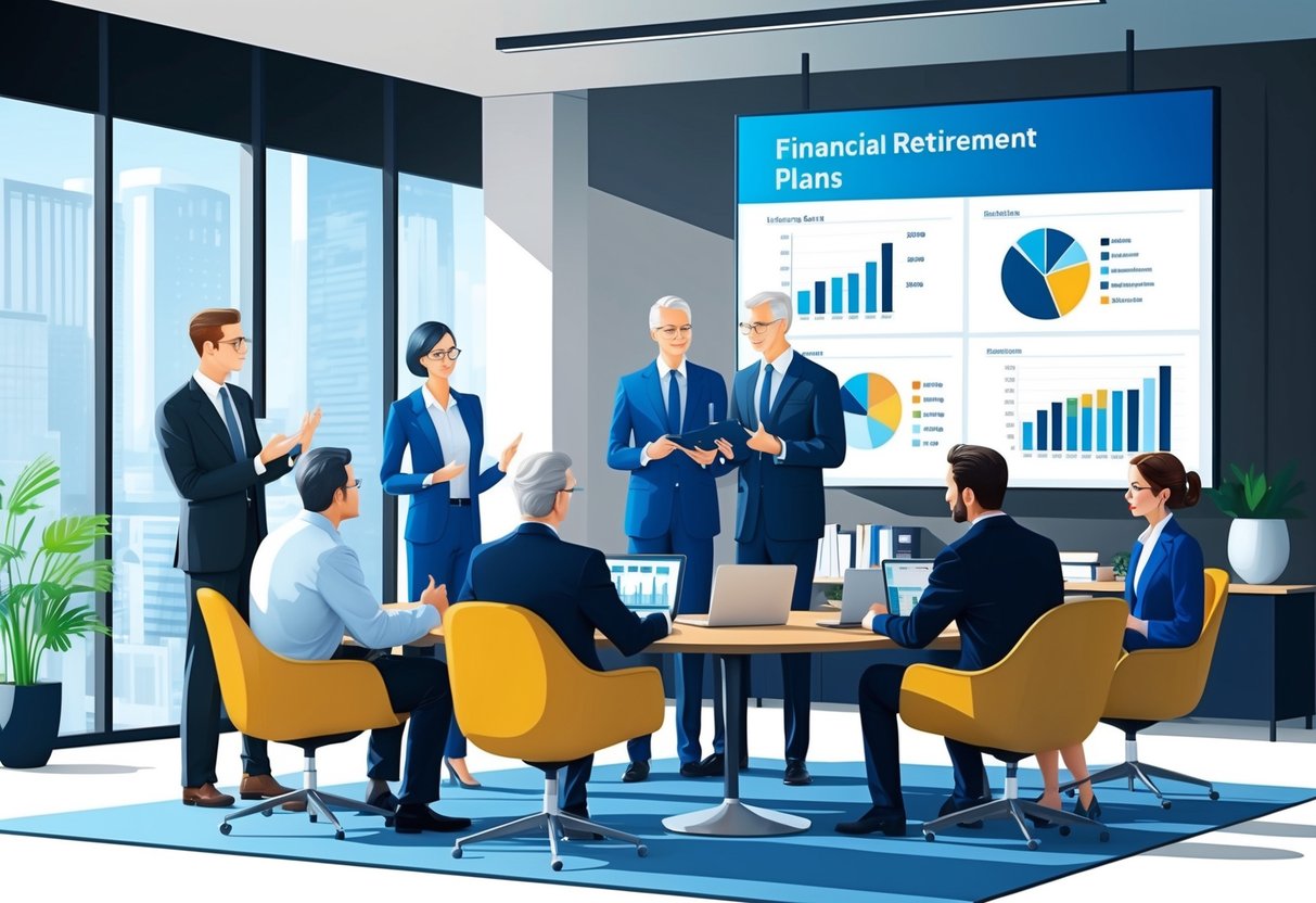 A group of financial professionals discussing retirement plans in a modern office setting, with charts and graphs displayed on a large screen