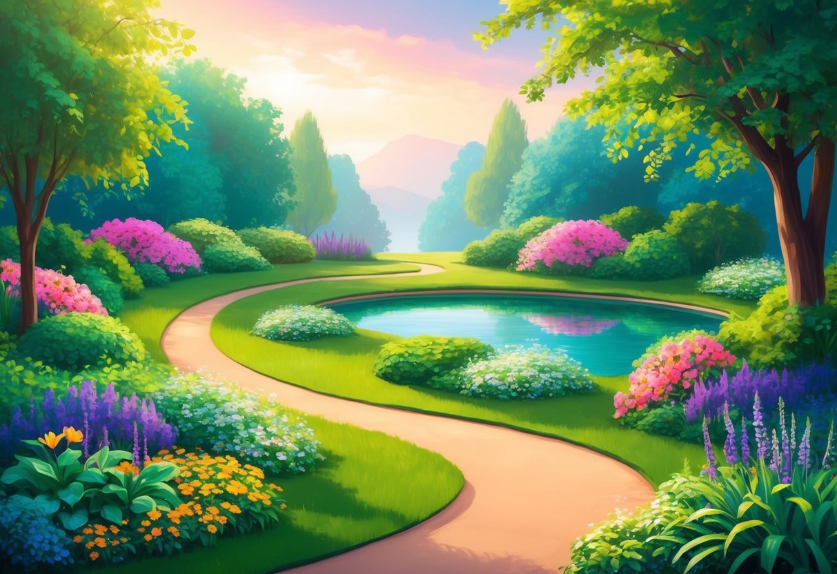 A serene garden with a winding path leading to a peaceful pond, surrounded by vibrant flowers and lush greenery, symbolizing resilience in retirement