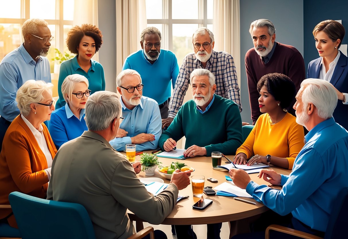 A diverse group of people of different ages and backgrounds are gathered around a table, discussing and planning for unexpected events in their retirement plans