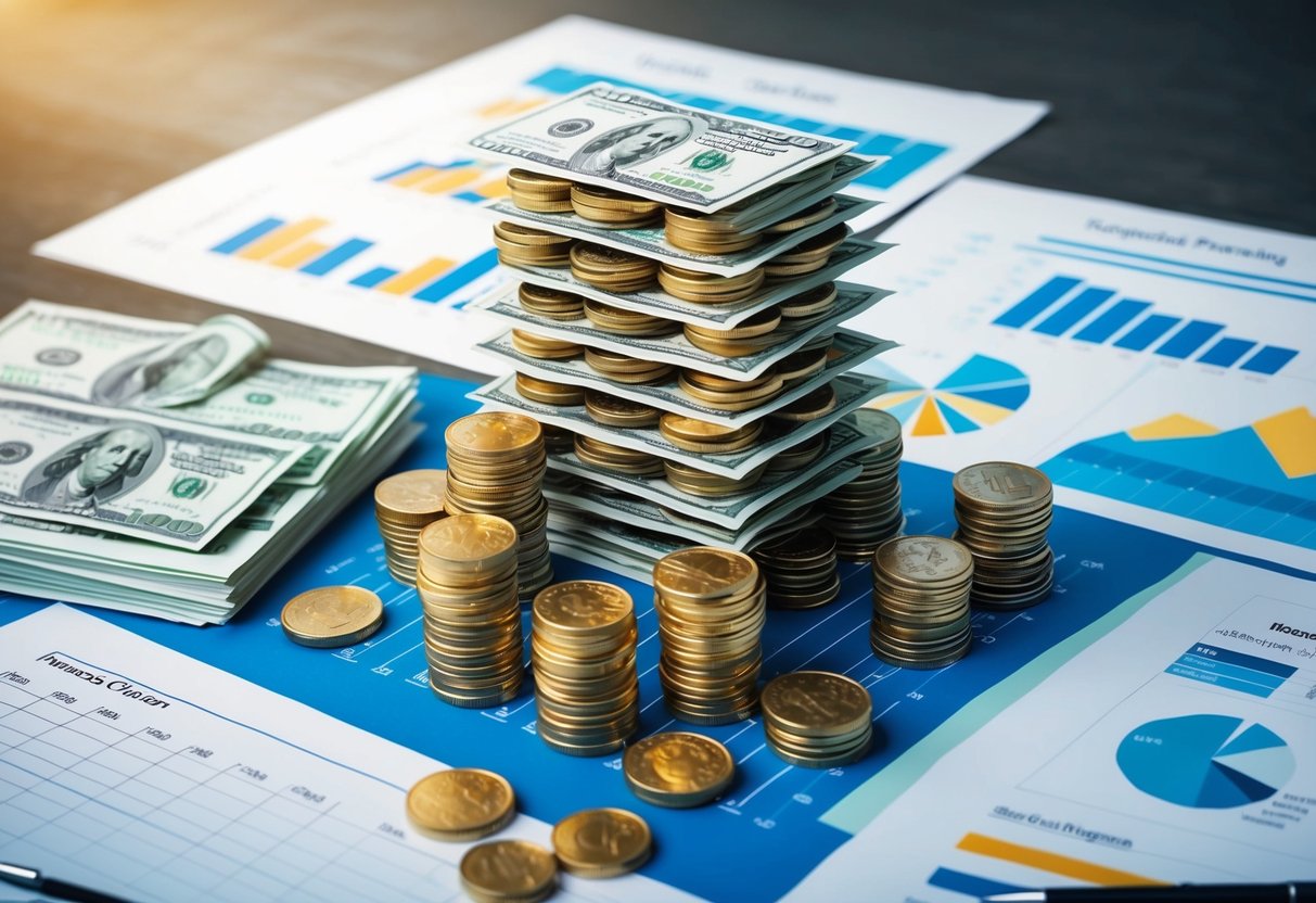 A stack of coins and dollar bills arranged in a strategic and organized manner, surrounded by financial planning documents and charts
