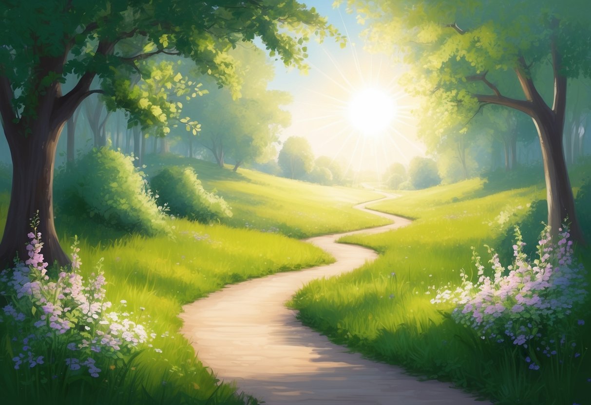 A serene landscape with a winding path leading to a peaceful, sunlit clearing, surrounded by lush greenery and blooming flowers, evoking a sense of security and tranquility