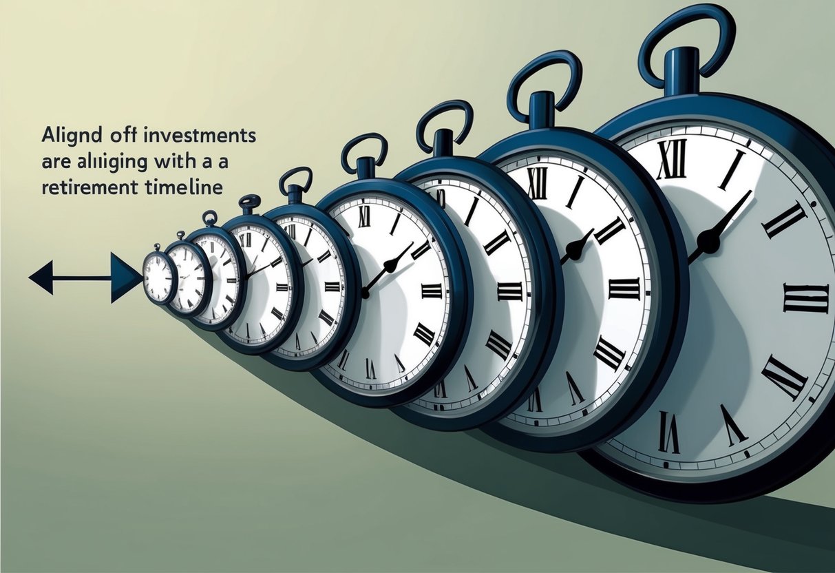 A series of overlapping clocks and calendars, with an arrow pointing from left to right, symbolizing the alignment of investments with a retirement timeline