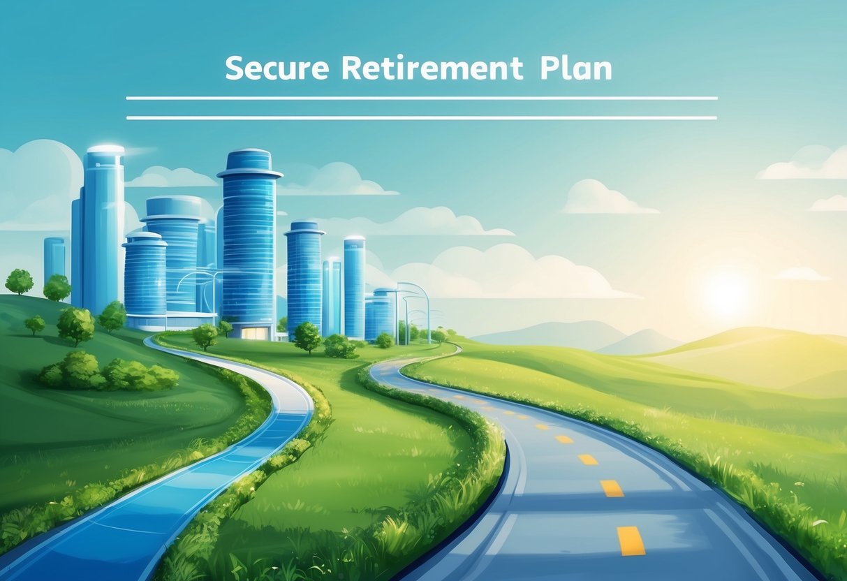 A peaceful, serene landscape with a winding path leading towards a bright, hopeful future. A mix of natural elements and modern infrastructure symbolizing a secure retirement plan