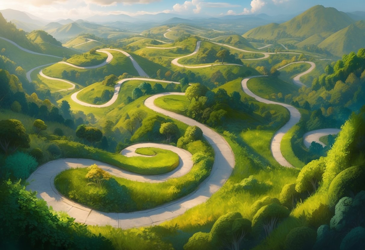 A diverse array of paths winding through a lush, changing landscape, with various options and detours branching off