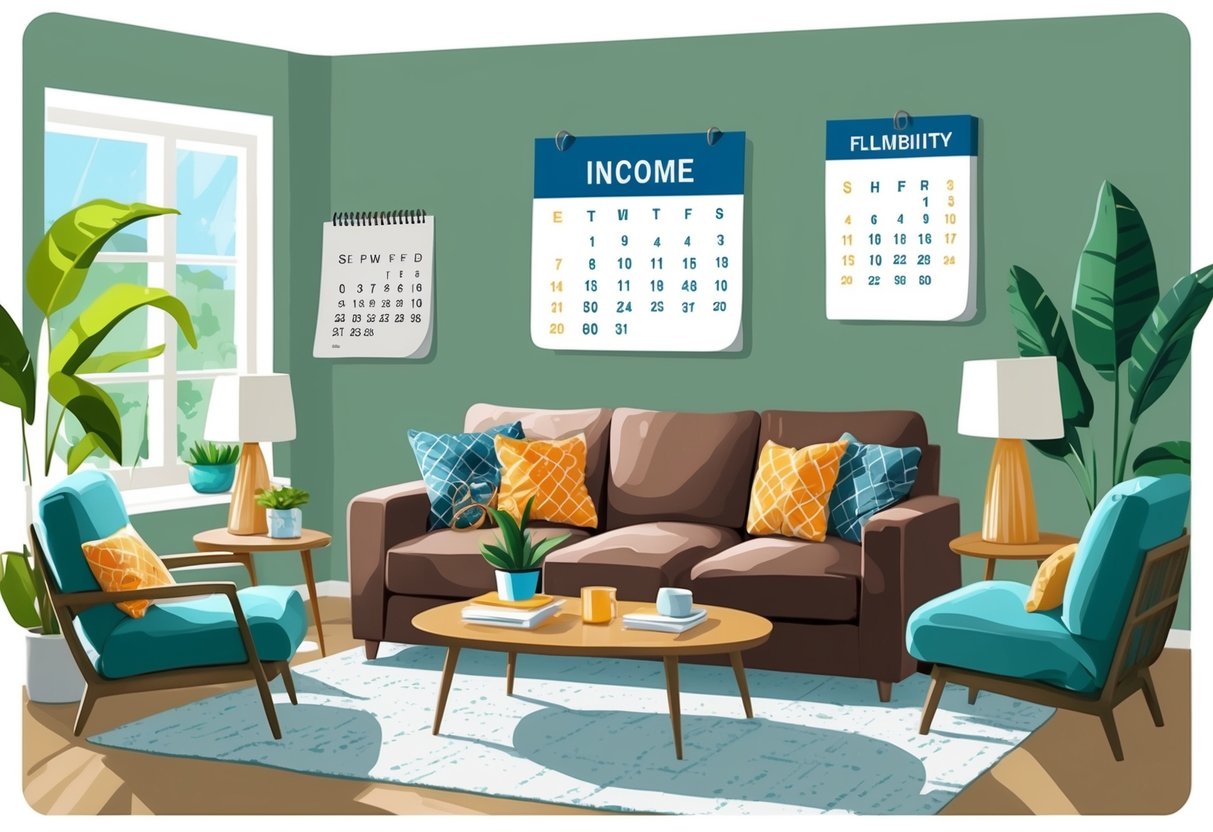 A cozy living room with a variety of income sources displayed, such as pensions, investments, and rental properties. A calendar on the wall shows flexibility in scheduling