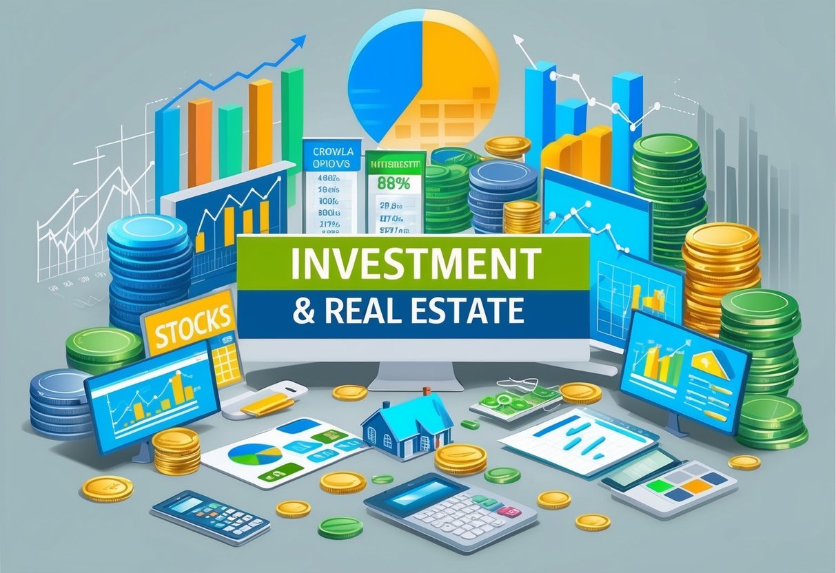 A diverse array of investment options, from stocks to real estate, surrounded by growth charts and retirement plans