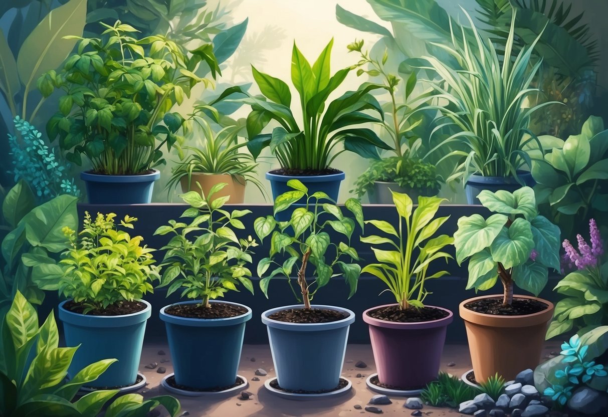 A group of different types of plants growing in individual pots, with some flourishing and others struggling, surrounded by a diverse array of natural elements