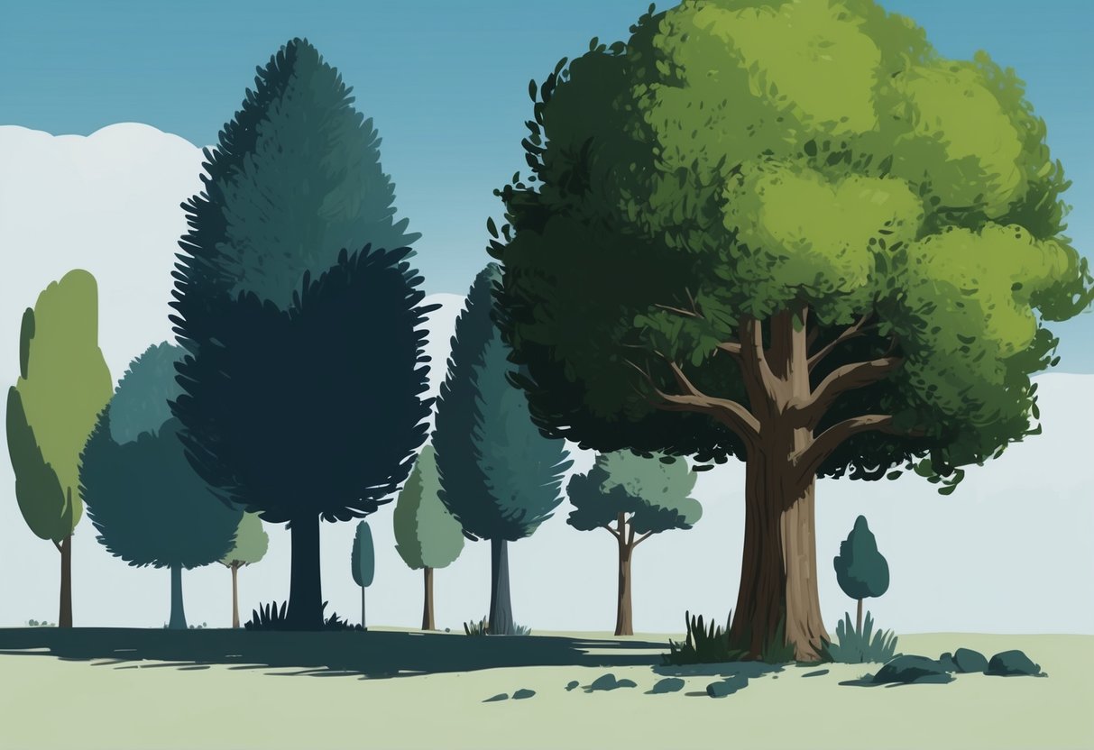 A group of trees of varying heights and sizes, with one tree standing prominently taller than the rest, casting a shadow over the others