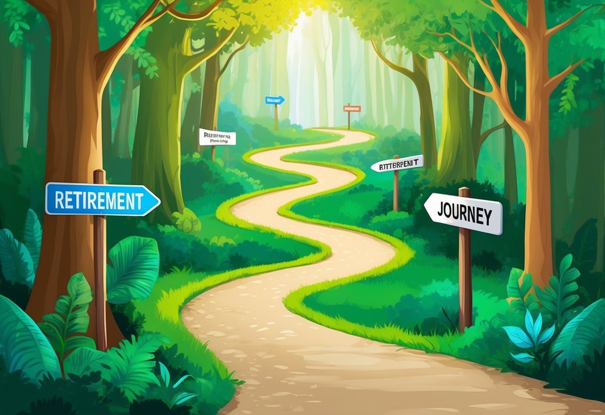A winding path through a lush forest, with various signposts pointing in different directions, symbolizing the personal and unique journey of retirement planning