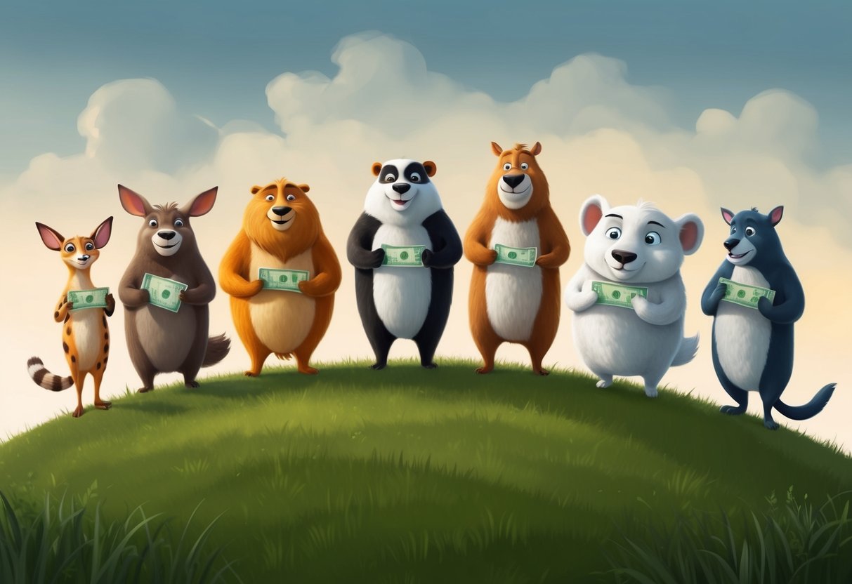 A group of diverse animals stand on a grassy hill, each holding different amounts of money. Some are happy, while others look envious or discouraged